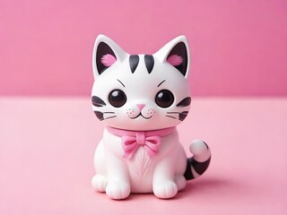 Fototapeta premium White cat figurine with black stripes, big eyes, and pink bow sitting against a pastel pink background, perfect for decoration or toy themes.