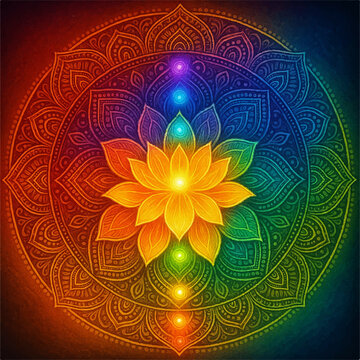 Vibrant lotus flower mandala radiates with chakra colors on a dark background, symbolizing spirituality and energy