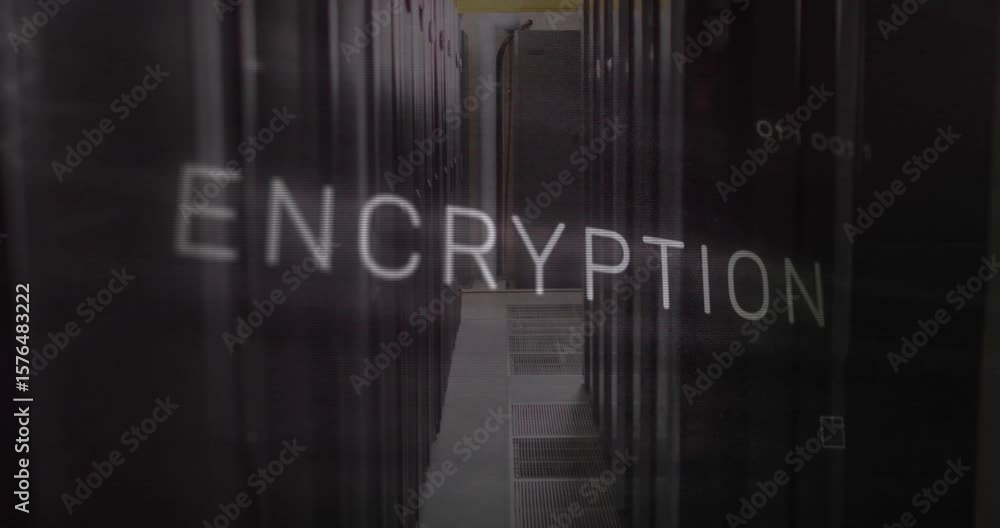 Aufkleber partial letters appearing in server aisle forming encryption and cyan circuits emphasizing security