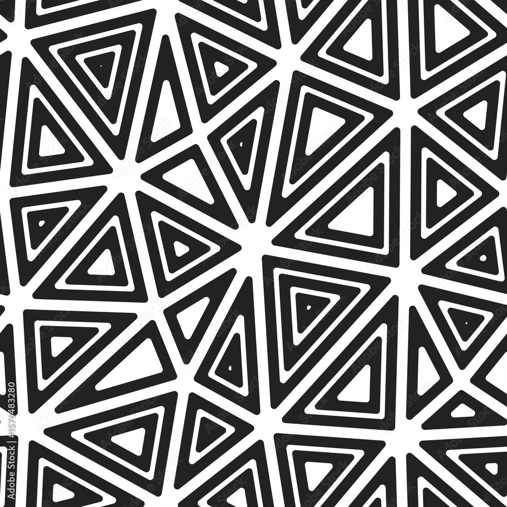 Poster triangles background. multiple repeated inner triangles. big shape size. black and white style. seam