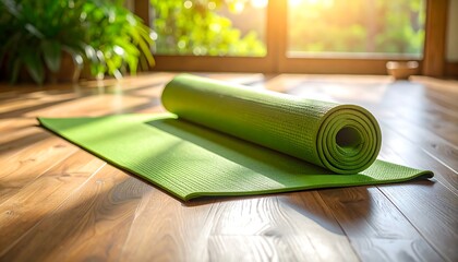 Rolled green yoga mat on wooden floor, sunlight