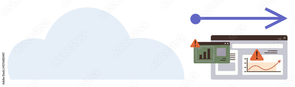 Poster cloud icon with arrow directing toward analytics dashboards highlighting alert warnings. ideal for c