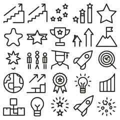 Fototapeta premium Black Line Icons Set Achievement Success Growth Strategy Goal Target Star Award Trophy Rocket Graduation