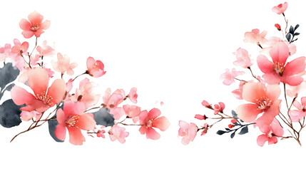 Delicate pink watercolor flowers with green leaves bloom gracefully on a transparent background