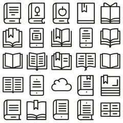 Collection of Black and White Book Icons Open Closed Bookmark E Reader Tablet Cloud