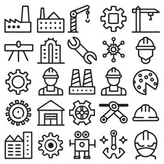 Naklejka premium Collection of Black and White Industrial Icons Factory Gears Crane Worker Helmet Engineering Symbols