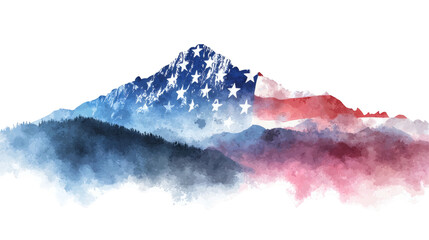 A majestic mountain range is painted with the colors and stars of the american flag in a watercolor style isolated on transparent background
