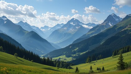 Switzerland's countryside is characterized by the Swiss Alps mountain range, which features verdant valleys and meadows.  A wallpaper background of a journey destination with snowy mountain tops in th