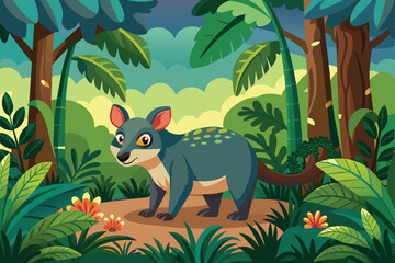 A vibrant and whimsical cartoon depiction of a jungle animal standing in a dense, lush forest. The scene features rich foliage, colorful flowers, and captures a playful, adventurous mood.