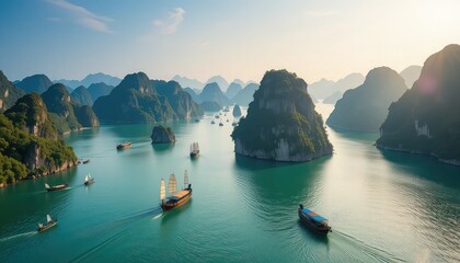 Quảng Ninh province, Vietnam's Ha Long Bay, Halong Bay World Heritage Site, limestone islands, and emerald waters with boats.  Travel location, breathtaking scenery, and backdrop wallpaper