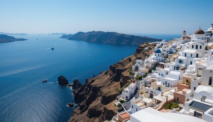 Greece's daylight Santorini Thira island is located in the southern Aegean Sea.  Towns of Fira and Oia with white villas that gaze out over beaches, cliffs, and tiny islands  wallpaper with a panorami