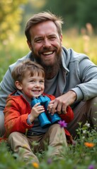Fototapeta premium Joyful father and son enjoying nature with binoculars