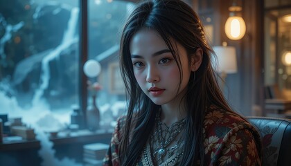 Mystical young woman with long hair and layered necklaces sitting indoors near warm ambient lighting and soft background blur, wearing traditional floral attire and gazing calmly with captivating.