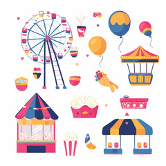 Playful summer fair clipart with ferris wheel, popcorn, cotton candy, carousel and balloons in cheerful flat design, perfect for kids party packaging, celebration cards or printable decor