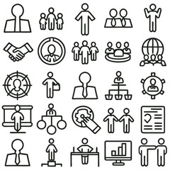 Collection of Black Outline Icons Depicting Business People Teamwork Collaboration and Management Concepts