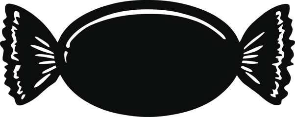 A simple black and white illustration of a wrapped candy with twisted ends and a smooth center shape