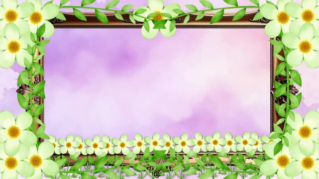 Elegant Golden Frame With Animated White Flowers And Green Leaves On A Purple Background, Elegant Gold Frame Border With White Flowers And Vines, Vintage Ornate Frame With White Blooms And Greenery