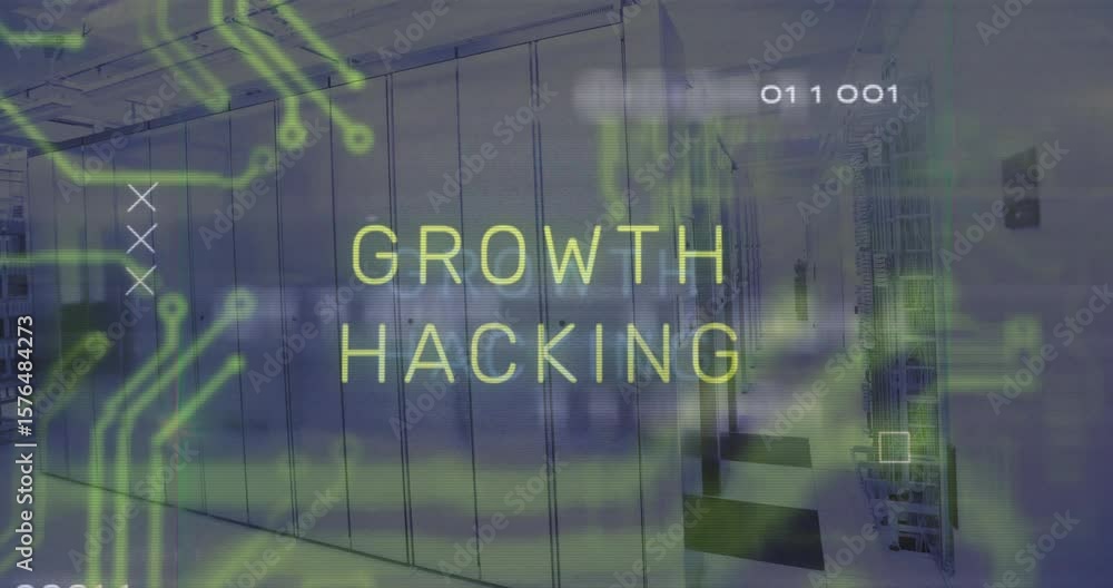 Poster static racks starting glitching text pulsing growth hacking, neon circuit overlay showing growth