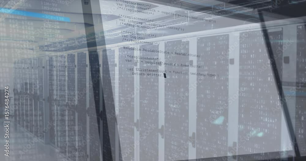 Poster fading code overlay initiating data processing, scrolling up and shifting right over server racks