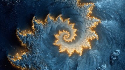 The mesmerizing fractal spiral shimmers with golden light, an abstract art piece.