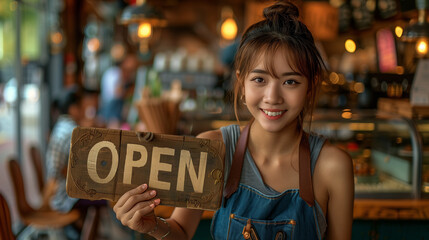 cute Asian woman holds an OPEN sign on the opening day of her small business.