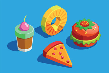 A vibrant illustration of cartoon style foods including a drink, donut, pizza slice, and burger on a bright blue background. This playful image evokes creativity and imagination.