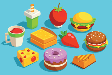 A vibrant collection of cartoon style food illustrations with various items like burgers, donuts, and fruits on a blue backdrop, conveying a playful and appetizing vibe.