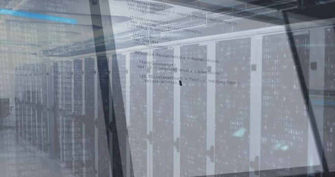 Fading code overlay initiating data processing, scrolling up and shifting right over server racks