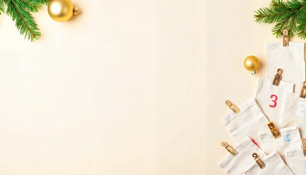 Advent calendar with numbered bags and festive decorations on beige  