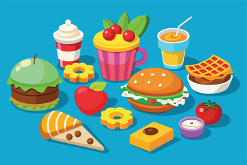 A vibrant, playful cartoon illustration featuring an assortment of delicious foods including desserts, burgers, fruits, and beverages on a bright blue background.