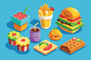 Vibrant cartoon illustration of fast food items with cute smiling faces, including a burger, soda, and cupcakes, set against a bright background, evoking fun and playfulness.