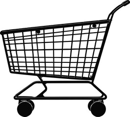 A stark black and white illustration of a shopping cart with a grid pattern and wheels on a white background