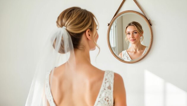 Bride admiring reflection in mirror while preparing for wedding  