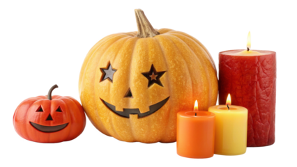 Halloween pumpkins and candles decoration for festive autumn season celebration and spooky night