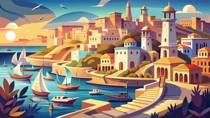 Alexandria, Egypt – Mediterranean breeze whispers through ancient ruins and modern promenades. White buildings and colorful fishing boats line the curved harbor beneath soft, golden light.