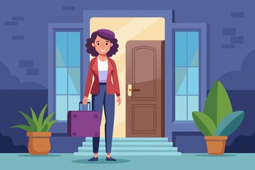 A woman on the doorstep with a suitcase, calm face and determination in her eyes