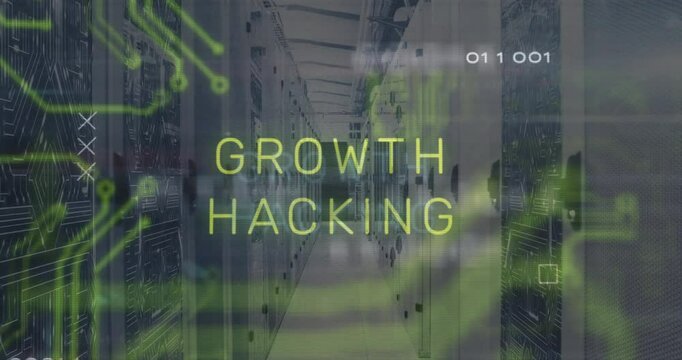 Servers initiating circuit pattern glitching GROWTH to GROWTH HACKING depicting growth process