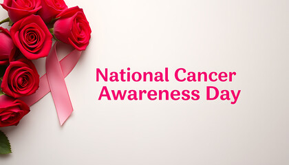 Show Your Support on National Cancer Awareness Day A Bouquet of Roses and a Ribbon Symbolize Hope for a Cure Pink Message