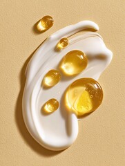 Textures of cosmetic skincare products arranged artistically on a beige background showcasing a blend of creams and oils