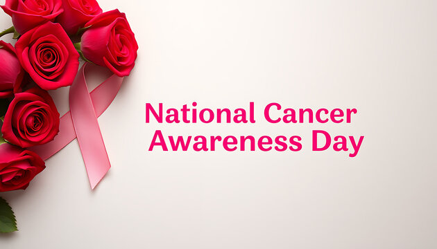 Show Your Support on National Cancer Awareness Day A Bouquet of Roses and a Ribbon Symbolize Hope for a Cure Pink Message