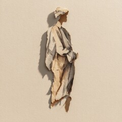 Elegant figure carved from paper stands against a neutral background in a minimalist art display