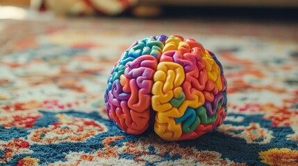 Colorful brain model on patterned carpet.