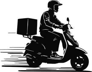 A silhouette of a delivery person riding a scooter with a package on the back in black and white