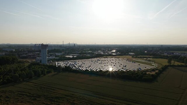 Solar mirrors, Concentrated solar power, CSP, also known as concentrating solar power, concentrated solar thermal, Julich, Germany. Solar thermal energy, aerial video.