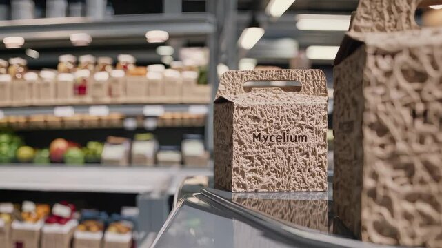 Mycelium packaging resting on metal shelf in brightly lit supermarket, highlighting innovative, eco friendly food storage solution using sustainable biomaterial