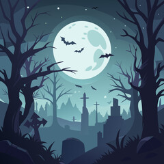 "Dark Night Scene with Bats, Misty Graveyard and Glowing Moon for Spooky Atmosphere Art Projects"

