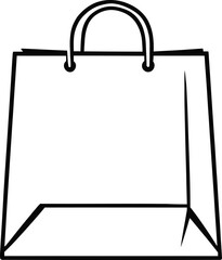 A simple graphic illustration of a white shopping bag with black outline and handles on a white background
