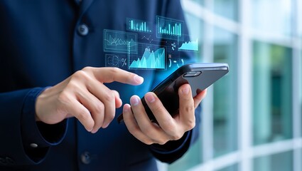 Businessman using a smartphone with a futuristic holographic interface displaying financial charts and data analytics in a modern office environment