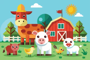  A vibrant cartoon illustration featuring a variety of farm animals such as cows, a pig, and a chicken in front of a red barn. Perfect for children and educational materials. © Aupurbo