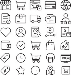 Collection of clean outline icons representing various aspects of online shopping and e commerce business operations and customer interactions